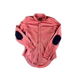 Zara Man Slim Fit Red Button Down Shirt Navy Elbow Patches Size L  *